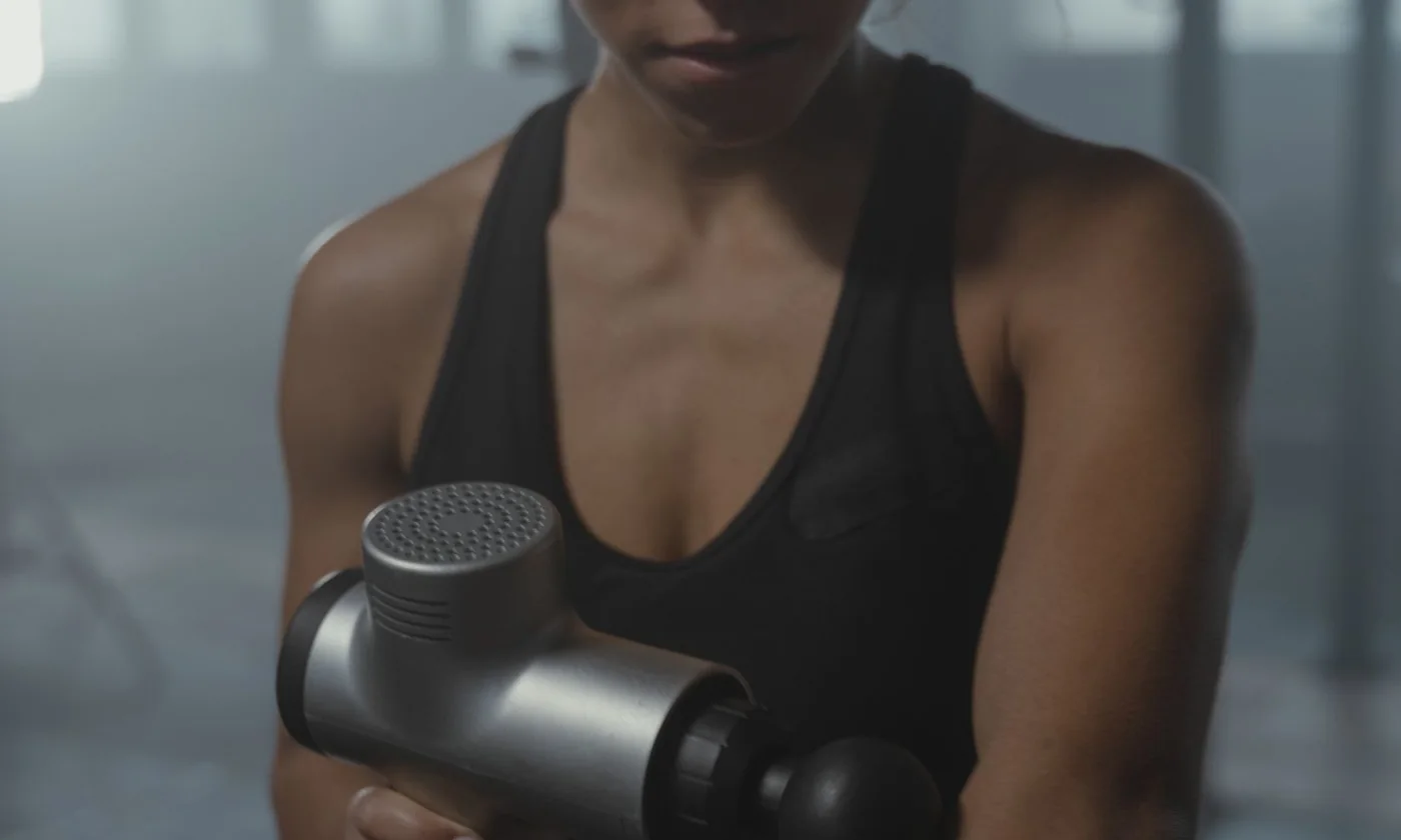 Woman using a massage gun on her arm in a gym